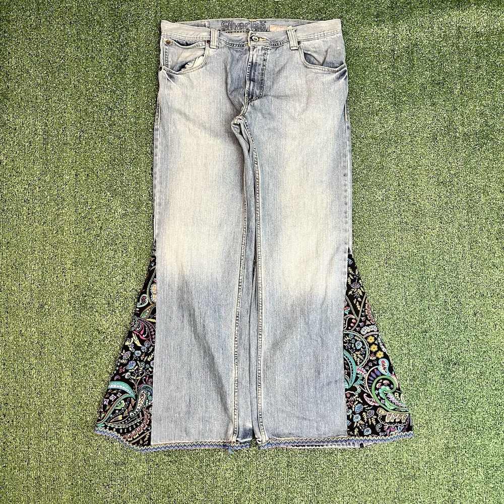 Vintage Levis Silver Tab Custom Flare Jeans Upcycled Floral Paisley Womens 14-16